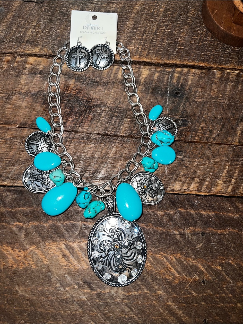 DaVinci Turquoise and Silver Statement Charm Necklace